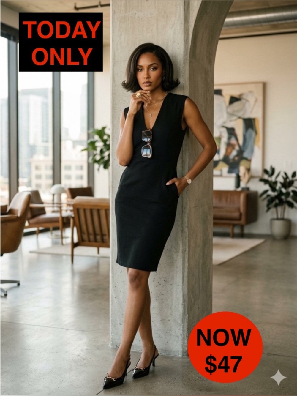 H&M Black Sleeveless V-Neck Bodycon Midi/Sheath Dress XS EUC